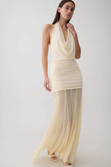 Jorja Draped Halter Slinky Maxi Dress - Ivory