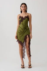 Amber Satin And Lace Mini Dress - Olive