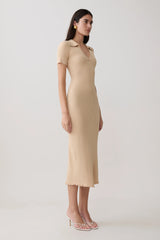 Nichelle Short Sleeve Collared Knit Midi Dress - Natural