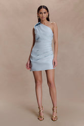 Helena One Shoulder Linen Mini Dress - Powder Blue