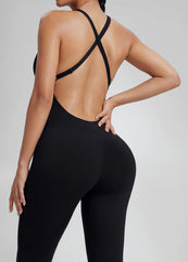 Form-Fitting Full Length Crossback Built-in Bra Sweat-Wicking Bodysuit